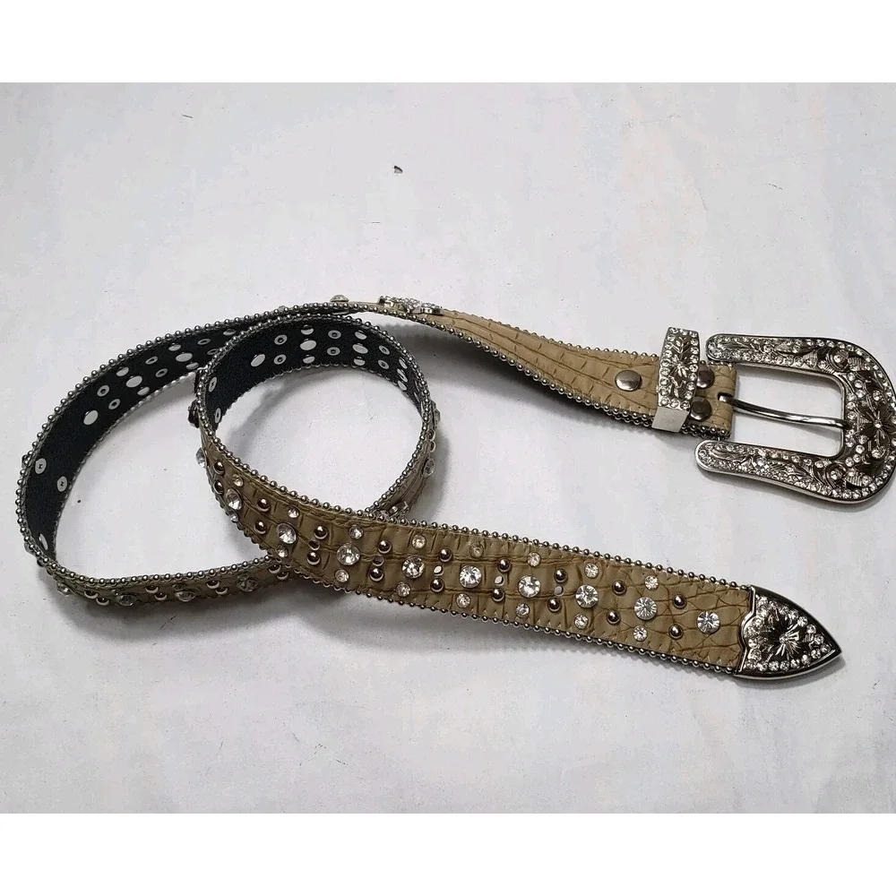 Genuine Leather Bling Western Belt Snakeskin Rhinestones Size Small Fleur-de-lis